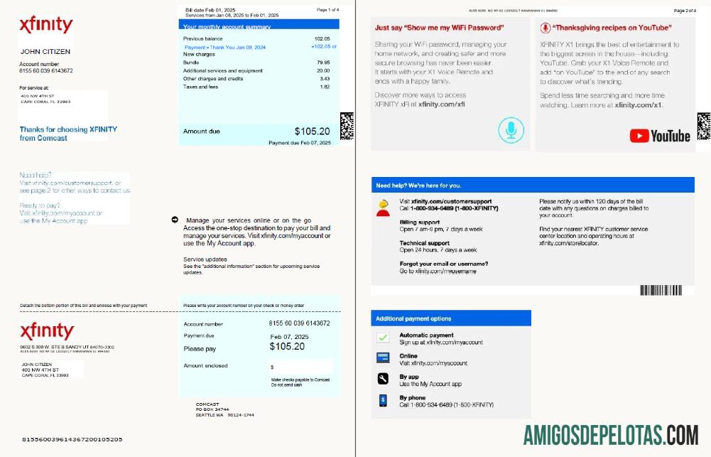 imprimível Modelo de fatura de serviços públicos Xfinity dos EUA em formatos Word e PDF, 4 páginas, versão 3, 1 2 páginas